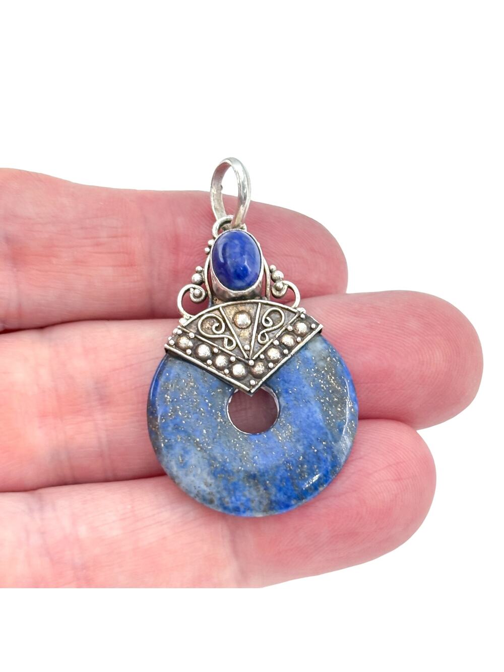 Vintage Sterling Silver 925 Lapis Lazuli Donut Pendant